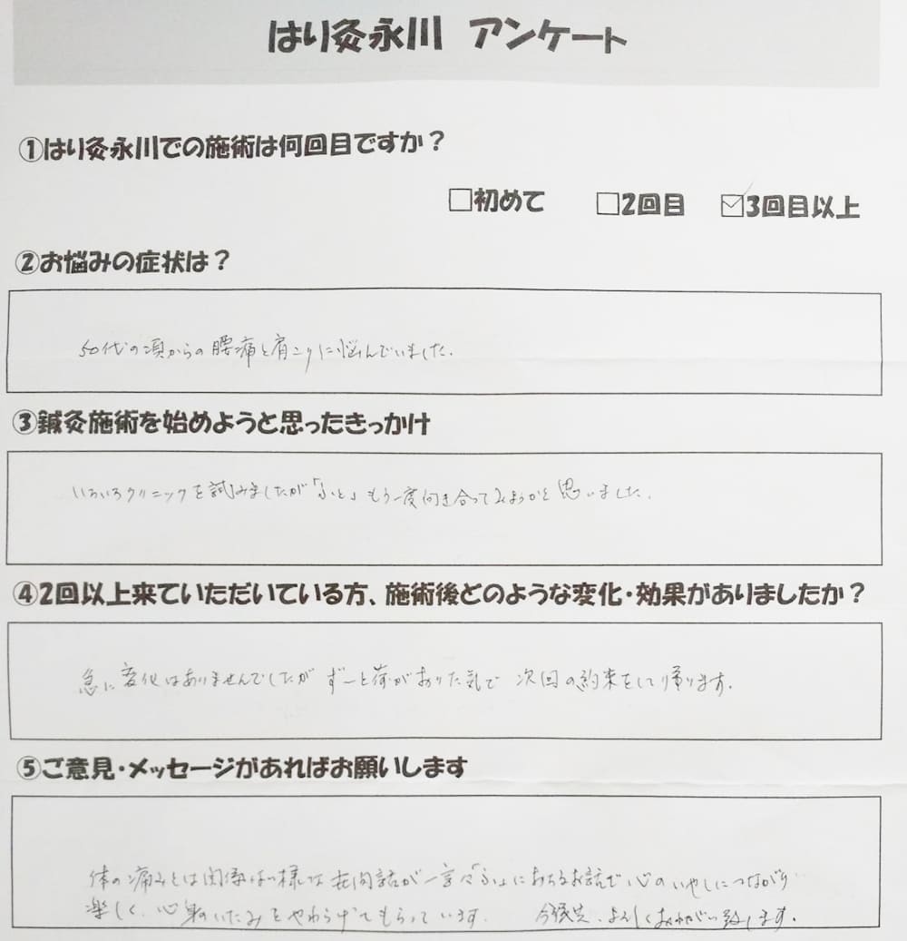 大阪市80代の50代の頃からの腰痛と肩こりに悩んでいた患者様アンケート